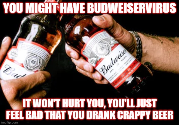 budweiservirus | YOU MIGHT HAVE BUDWEISERVIRUS; IT WON'T HURT YOU, YOU'LL JUST FEEL BAD THAT YOU DRANK CRAPPY BEER | image tagged in bud,budweiser,coronavirus,virus | made w/ Imgflip meme maker
