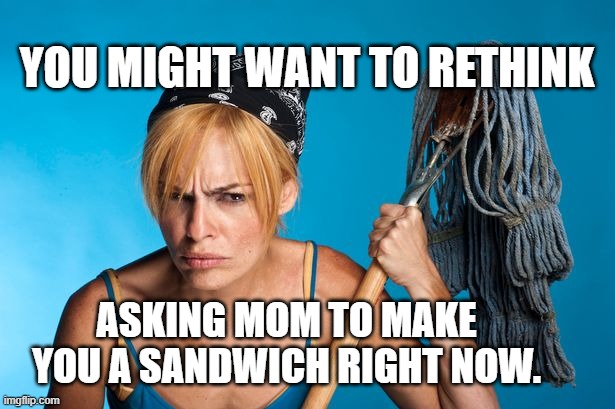 cangry cleaner women | YOU MIGHT WANT TO RETHINK; ASKING MOM TO MAKE YOU A SANDWICH RIGHT NOW. | image tagged in cangry cleaner women | made w/ Imgflip meme maker
