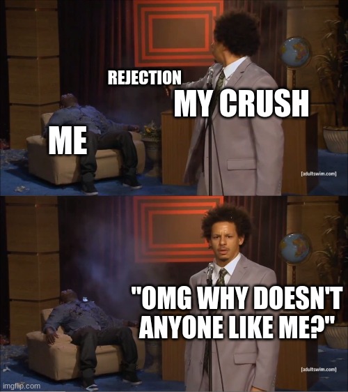 Who Killed Hannibal | REJECTION; MY CRUSH; ME; "OMG WHY DOESN'T ANYONE LIKE ME?" | image tagged in memes,who killed hannibal | made w/ Imgflip meme maker