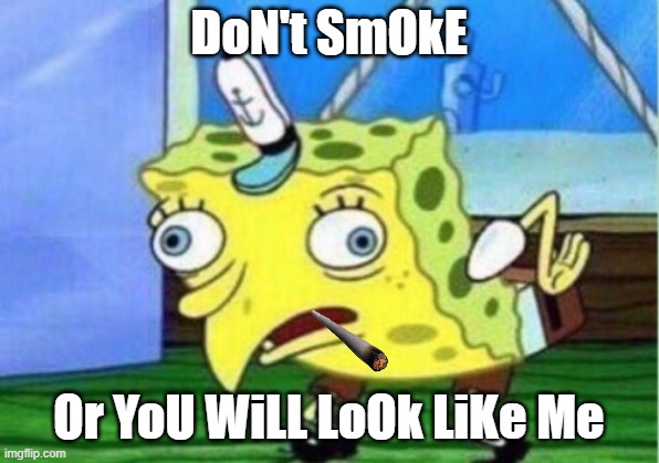 Mocking Spongebob | DoN't SmOkE; Or YoU WiLL LoOk LiKe Me | image tagged in memes,mocking spongebob | made w/ Imgflip meme maker