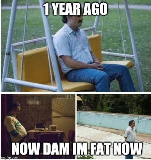 Narcos waiting | 1 YEAR AGO; NOW DAM IM FAT NOW | image tagged in narcos waiting | made w/ Imgflip meme maker