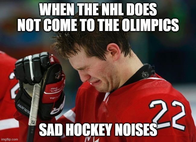 sad hockey player | WHEN THE NHL DOES NOT COME TO THE OLIMPICS; SAD HOCKEY NOISES | image tagged in sad hockey player | made w/ Imgflip meme maker
