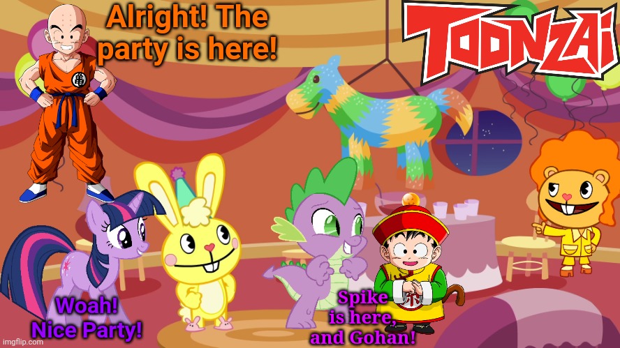 Cuddles's Birthday party (HTF Crossover) | Alright! The party is here! Spike is here, and Gohan! Woah! Nice Party! | image tagged in happy tree friends,animation,crossover,gohan,toonzai,birthday party | made w/ Imgflip meme maker