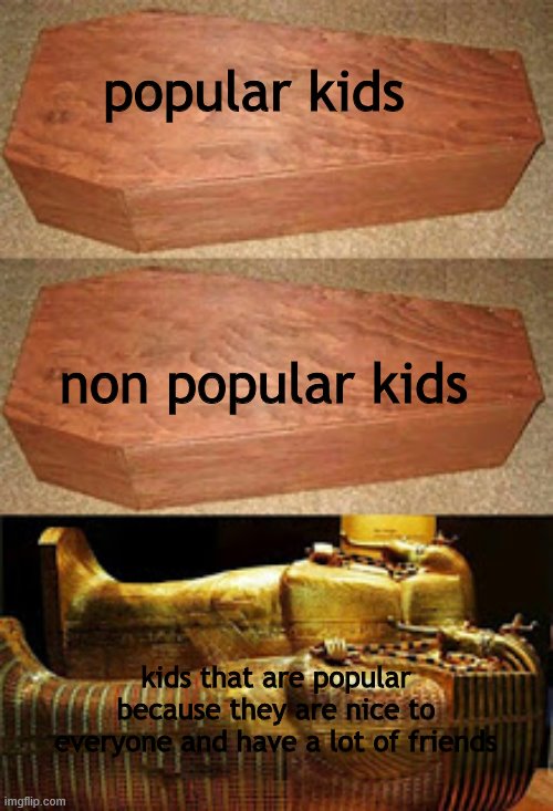 Golden coffin meme | popular kids; non popular kids; kids that are popular because they are nice to everyone and have a lot of friends | image tagged in golden coffin meme | made w/ Imgflip meme maker