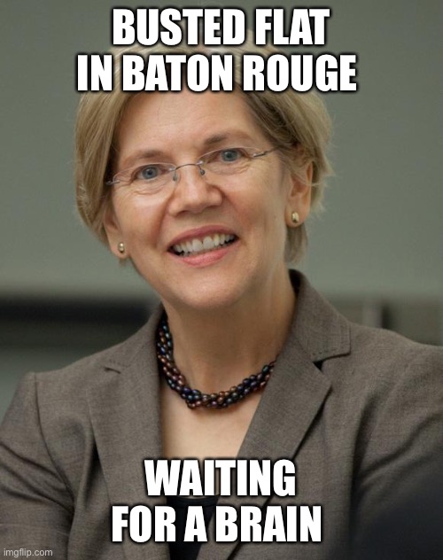 Elizabeth Warren | BUSTED FLAT IN BATON ROUGE; WAITING FOR A BRAIN | image tagged in elizabeth warren | made w/ Imgflip meme maker