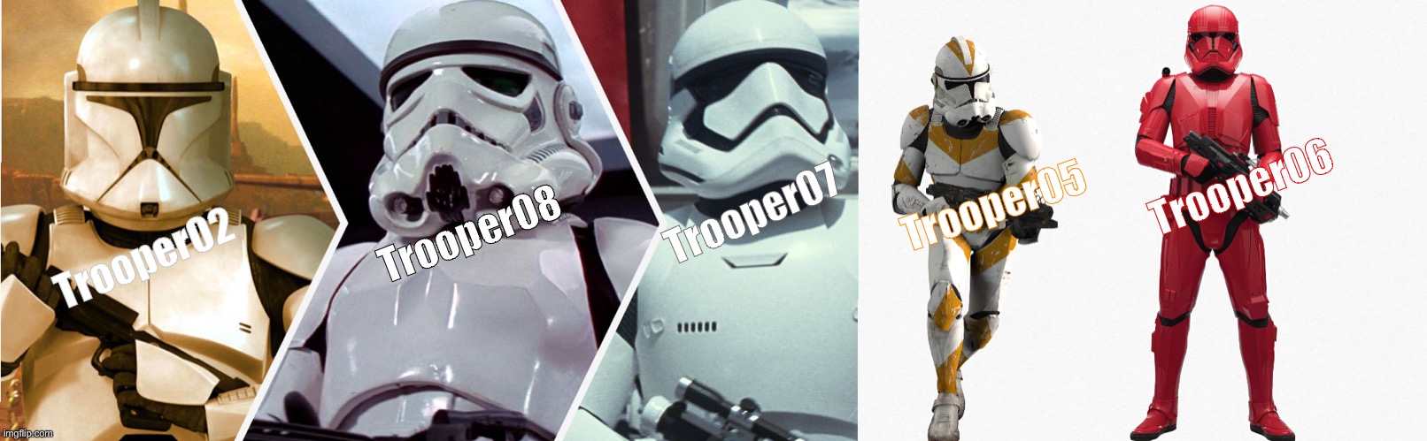 The rankings and looks of The Trooper Brothers | Trooper06; Trooper05; Trooper07; Trooper08; Trooper02 | image tagged in trooper brothers,ranks,trooper06,trooper05,trooper02,trooper07 | made w/ Imgflip meme maker