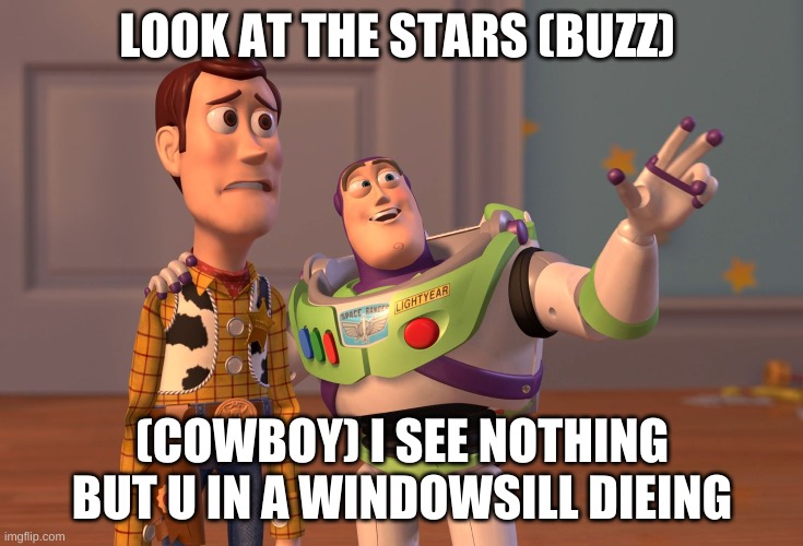 X, X Everywhere | LOOK AT THE STARS (BUZZ); (COWBOY) I SEE NOTHING BUT U IN A WINDOWSILL DIEING | image tagged in memes,x x everywhere | made w/ Imgflip meme maker