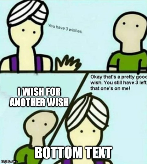 You have 3 wishes | I WISH FOR ANOTHER WISH; BOTTOM TEXT | image tagged in you have 3 wishes | made w/ Imgflip meme maker
