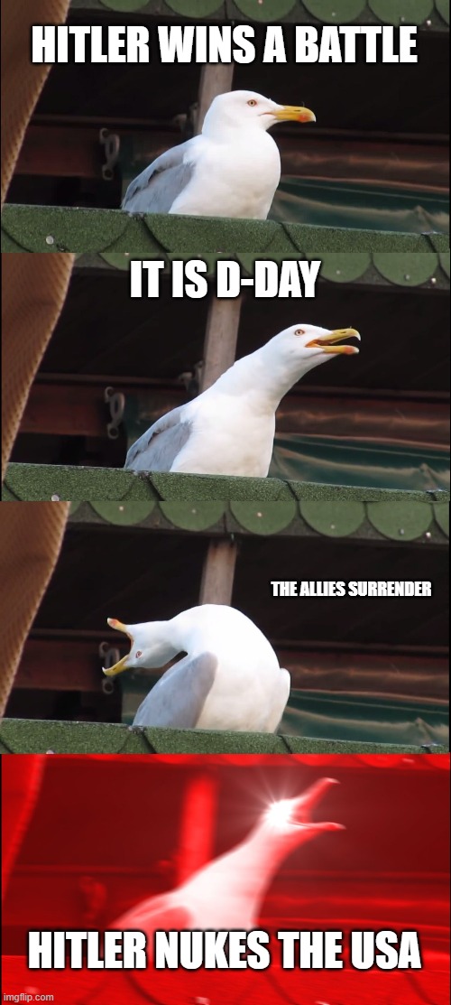 Inhaling Seagull Meme | HITLER WINS A BATTLE; IT IS D-DAY; THE ALLIES SURRENDER; HITLER NUKES THE USA | image tagged in memes,inhaling seagull | made w/ Imgflip meme maker