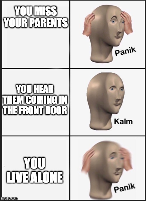 Panik Kalm Panik | YOU MISS YOUR PARENTS; YOU HEAR THEM COMING IN THE FRONT DOOR; YOU LIVE ALONE | image tagged in panik kalm | made w/ Imgflip meme maker
