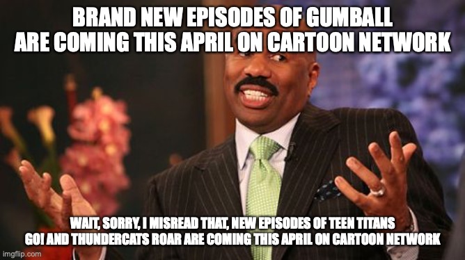 Screw You, Steve Harvey! | BRAND NEW EPISODES OF GUMBALL ARE COMING THIS APRIL ON CARTOON NETWORK; WAIT, SORRY, I MISREAD THAT, NEW EPISODES OF TEEN TITANS GO! AND THUNDERCATS ROAR ARE COMING THIS APRIL ON CARTOON NETWORK | image tagged in memes,steve harvey | made w/ Imgflip meme maker