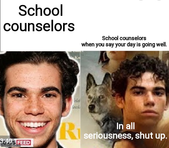 Sksksk | School counselors; School counselors when you say your day is going well. In all seriousness, shut up. | image tagged in sksksk | made w/ Imgflip meme maker