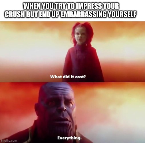 Thanos what did it cost | WHEN YOU TRY TO IMPRESS YOUR CRUSH BUT END UP EMBARRASSING YOURSELF | image tagged in thanos what did it cost | made w/ Imgflip meme maker