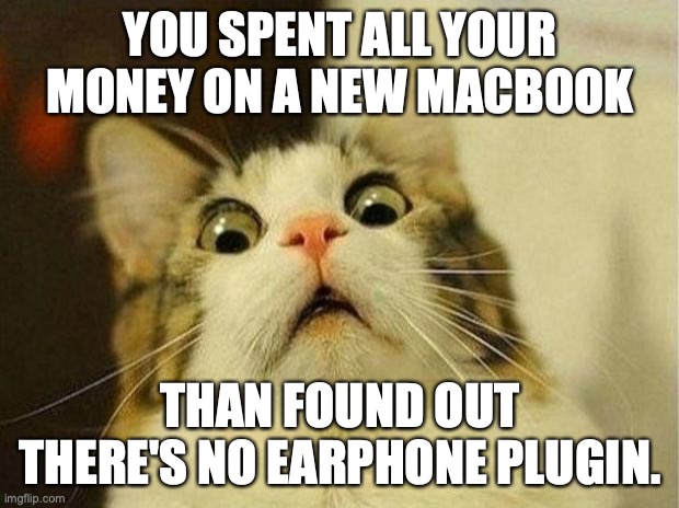 Scared Cat Meme | YOU SPENT ALL YOUR MONEY ON A NEW MACBOOK; THAN FOUND OUT THERE'S NO EARPHONE PLUGIN. | image tagged in memes,scared cat | made w/ Imgflip meme maker