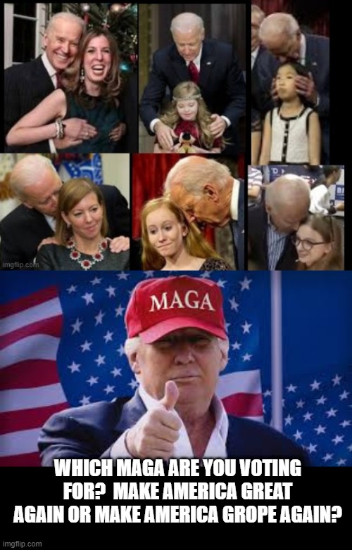 Which MAGA are you voting for?  Make America Great Again or Make America Grope Again? | WHICH MAGA ARE YOU VOTING FOR?  MAKE AMERICA GREAT AGAIN OR MAKE AMERICA GROPE AGAIN? | image tagged in democrats,republicans,trump,biden | made w/ Imgflip meme maker
