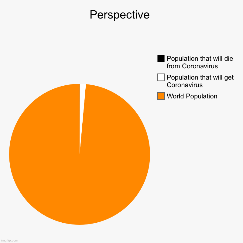 Perspective | World Population, Population that will get Coronavirus, Population that will die from Coronavirus | image tagged in charts,pie charts | made w/ Imgflip chart maker