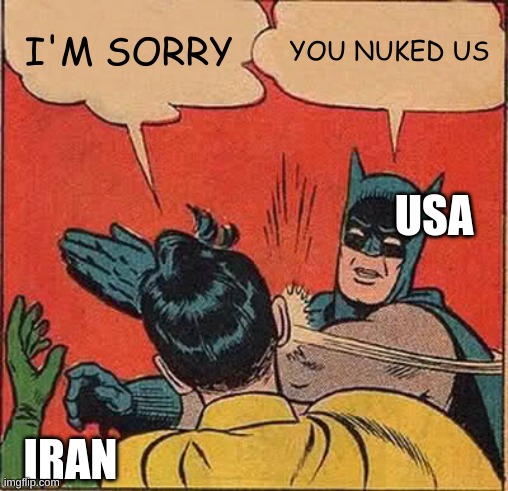 Batman Slapping Robin | I'M SORRY; YOU NUKED US; USA; IRAN | image tagged in memes,batman slapping robin | made w/ Imgflip meme maker