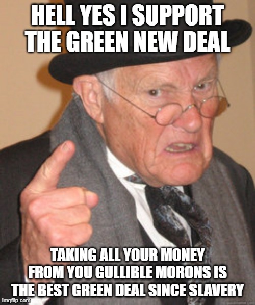 Back In My Day | HELL YES I SUPPORT THE GREEN NEW DEAL; TAKING ALL YOUR MONEY FROM YOU GULLIBLE MORONS IS THE BEST GREEN DEAL SINCE SLAVERY | image tagged in memes,back in my day | made w/ Imgflip meme maker
