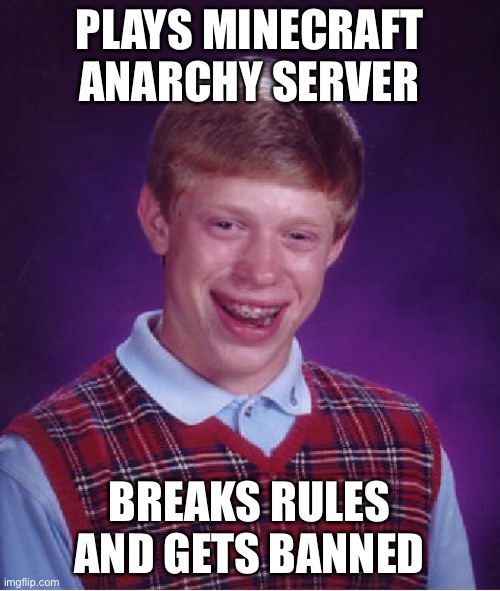 Irony... | PLAYS MINECRAFT ANARCHY SERVER; BREAKS RULES AND GETS BANNED | image tagged in memes,bad luck brian,minecraft,server,anarchy,banned | made w/ Imgflip meme maker