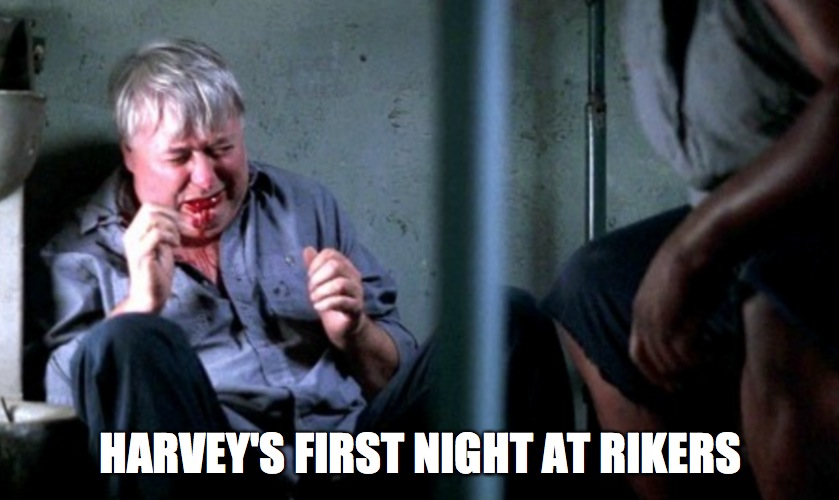 Trigger warning, Democrats | HARVEY'S FIRST NIGHT AT RIKERS | image tagged in weinstein,harvey weinstein | made w/ Imgflip meme maker