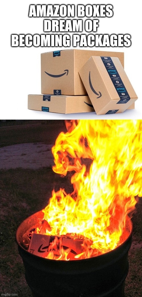 Amazon boxes dream of becoming packages | image tagged in amazon,package,fire | made w/ Imgflip meme maker