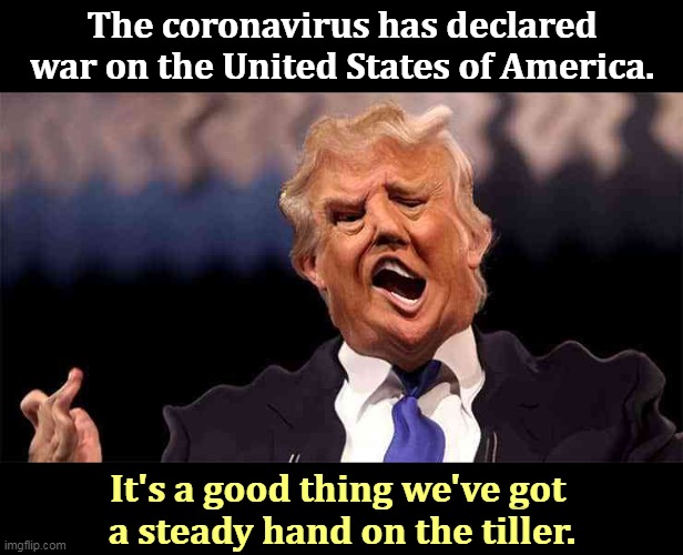 O Captain! My Captain! We're so screwed! | The coronavirus has declared war on the United States of America. It's a good thing we've got 
a steady hand on the tiller. | image tagged in trump on acid,trump,president,incompetence,liar,drug addiction | made w/ Imgflip meme maker