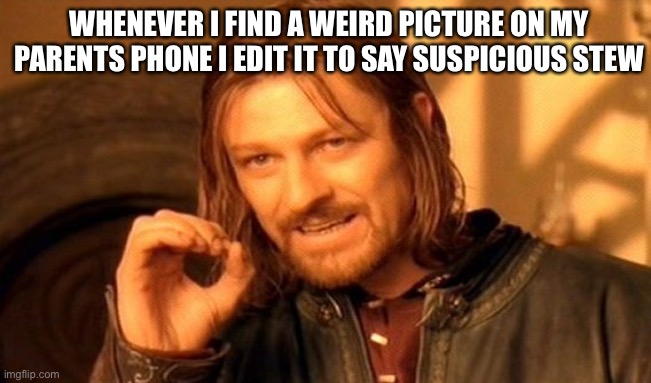 One Does Not Simply | WHENEVER I FIND A WEIRD PICTURE ON MY PARENTS PHONE I EDIT IT TO SAY SUSPICIOUS STEW | image tagged in memes,one does not simply | made w/ Imgflip meme maker