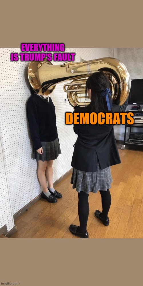 Girl Putting Tuba on Girl's Head | EVERYTHING IS TRUMP'S FAULT DEMOCRATS | image tagged in girl putting tuba on girl's head | made w/ Imgflip meme maker
