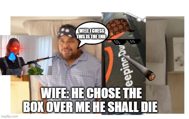 WELL I GUESS THIS IS THE END; WIFE: HE CHOSE THE BOX OVER ME HE SHALL DIE | image tagged in sleeping | made w/ Imgflip meme maker