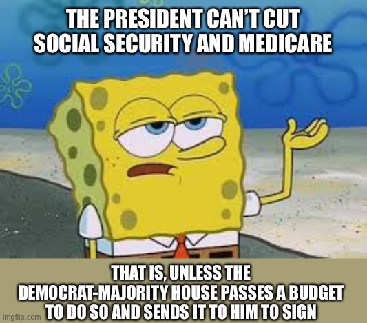 I’ll have you know spongebob | THE PRESIDENT CAN’T CUT SOCIAL SECURITY AND MEDICARE THAT IS, UNLESS THE DEMOCRAT-MAJORITY HOUSE PASSES A BUDGET TO DO SO AND SENDS IT TO HI | image tagged in ill have you know spongebob | made w/ Imgflip meme maker