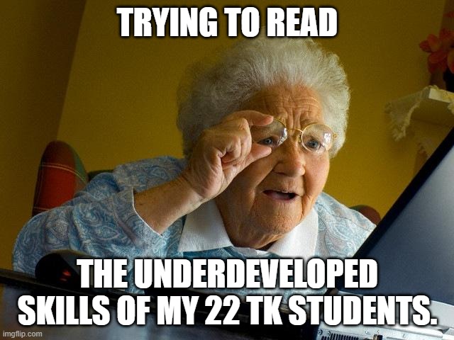 Grandma Finds The Internet | TRYING TO READ; THE UNDERDEVELOPED SKILLS OF MY 22 TK STUDENTS. | image tagged in memes,grandma finds the internet | made w/ Imgflip meme maker