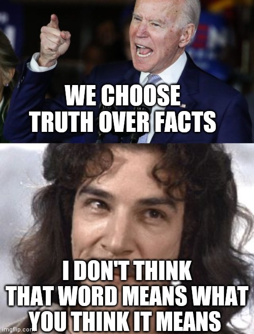 WE CHOOSE TRUTH OVER FACTS; I DON'T THINK THAT WORD MEANS WHAT YOU THINK IT MEANS | image tagged in i do not think that means what you think it means | made w/ Imgflip meme maker