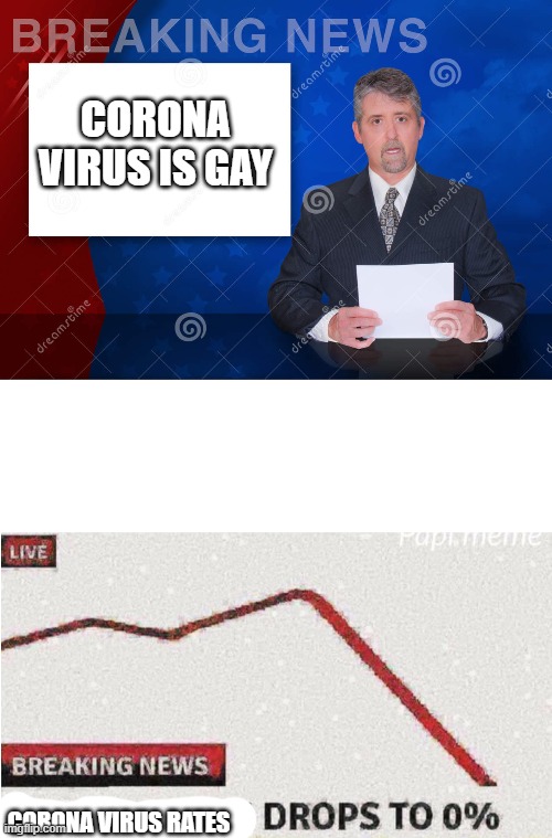 BrEaKiNg NeWs | CORONA VIRUS IS GAY; CORONA VIRUS RATES | image tagged in coronavirus,suicide rates drop | made w/ Imgflip meme maker