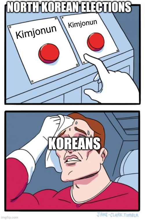Two Buttons Meme | NORTH KOREAN ELECTIONS; Kimjonun; Kimjonun; KOREANS | image tagged in memes,two buttons | made w/ Imgflip meme maker