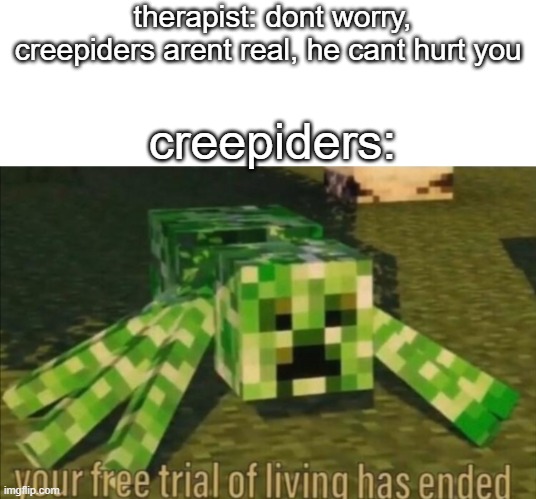 therapist: dont worry, creepiders arent real, he cant hurt you; creepiders: | image tagged in memes,minecraft,therapist,creeper,spiders,lol | made w/ Imgflip meme maker