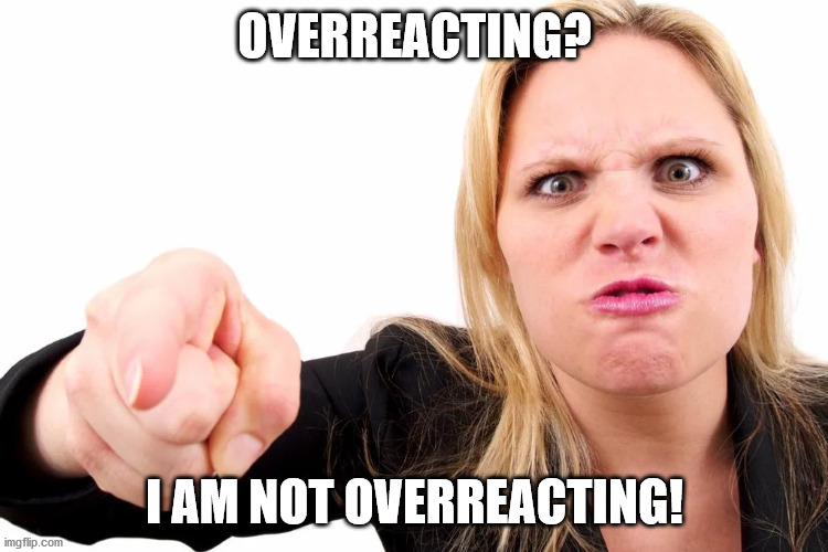Offended woman | OVERREACTING? I AM NOT OVERREACTING! | image tagged in offended woman | made w/ Imgflip meme maker