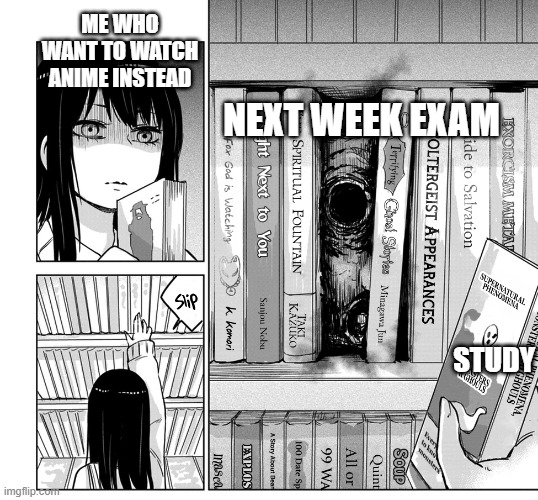 Exam is near but I still being lazy | ME WHO WANT TO WATCH ANIME INSTEAD; NEXT WEEK EXAM; STUDY | image tagged in memes,manga,animeme,mieruko-chan | made w/ Imgflip meme maker