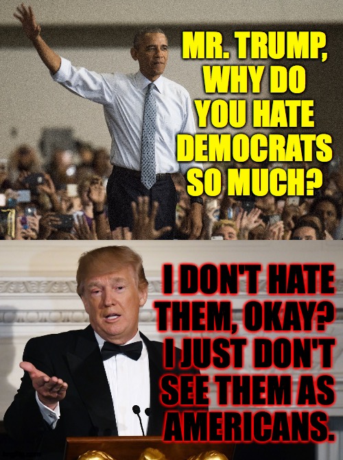 Well there's your problem. | MR. TRUMP,
WHY DO
YOU HATE
DEMOCRATS SO MUCH? I DON'T HATE
THEM, OKAY?
I JUST DON'T
SEE THEM AS
AMERICANS. | image tagged in memes,obama vs evil,democrats,well there's your problem | made w/ Imgflip meme maker