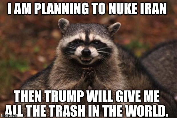 evil genius racoon | I AM PLANNING TO NUKE IRAN; THEN TRUMP WILL GIVE ME ALL THE TRASH IN THE WORLD. | image tagged in evil genius racoon | made w/ Imgflip meme maker