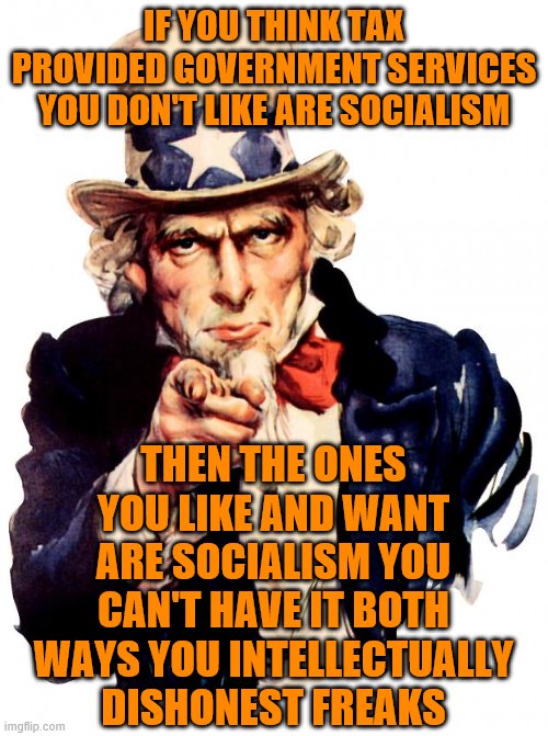 Uncle Sam Meme | IF YOU THINK TAX PROVIDED GOVERNMENT SERVICES YOU DON'T LIKE ARE SOCIALISM; THEN THE ONES YOU LIKE AND WANT ARE SOCIALISM YOU CAN'T HAVE IT BOTH WAYS YOU INTELLECTUALLY DISHONEST FREAKS | image tagged in memes,uncle sam | made w/ Imgflip meme maker