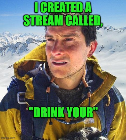 Bear Grylls Meme |  I CREATED A STREAM CALLED, "DRINK YOUR" | image tagged in memes,bear grylls,drink your stream | made w/ Imgflip meme maker