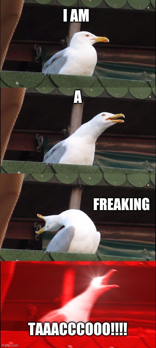 Inhaling Seagull Meme | I AM; A; FREAKING; TAAACCCOOO!!!! | image tagged in memes,inhaling seagull | made w/ Imgflip meme maker