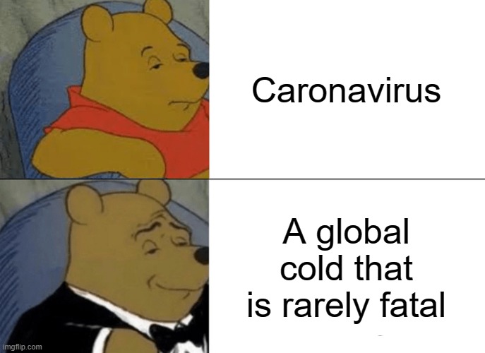 Tuxedo Winnie The Pooh Meme | Caronavirus; A global cold that is rarely fatal | image tagged in memes,tuxedo winnie the pooh | made w/ Imgflip meme maker