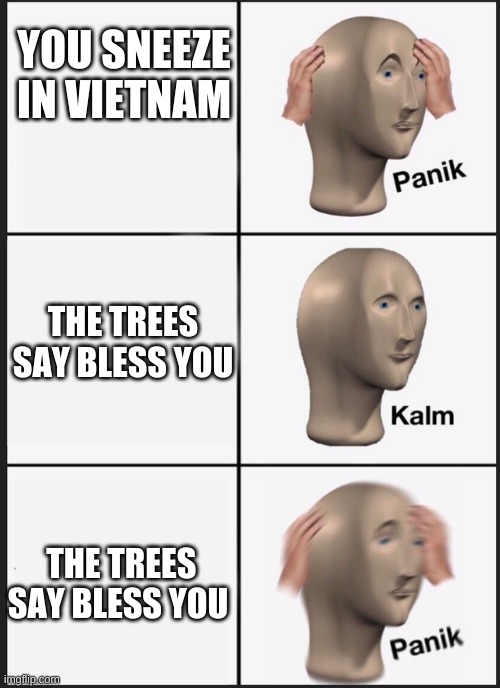 Panik Kalm Panik Meme | YOU SNEEZE IN VIETNAM; THE TREES SAY BLESS YOU; THE TREES SAY BLESS YOU | image tagged in panik kalm | made w/ Imgflip meme maker