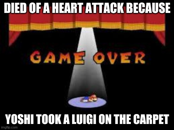 paper mario game over | DIED OF A HEART ATTACK BECAUSE; YOSHI TOOK A LUIGI ON THE CARPET | image tagged in paper mario game over | made w/ Imgflip meme maker