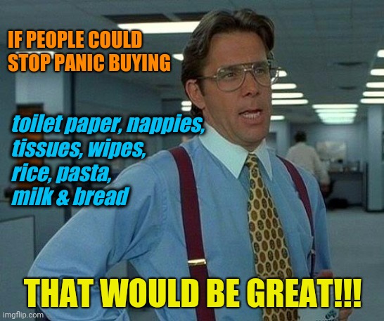 Panic Buying Virus 2 | IF PEOPLE COULD
STOP PANIC BUYING; toilet paper, nappies,
tissues, wipes,
rice, pasta, 
milk & bread; THAT WOULD BE GREAT!!! | image tagged in memes,that would be great,corona virus,panic | made w/ Imgflip meme maker