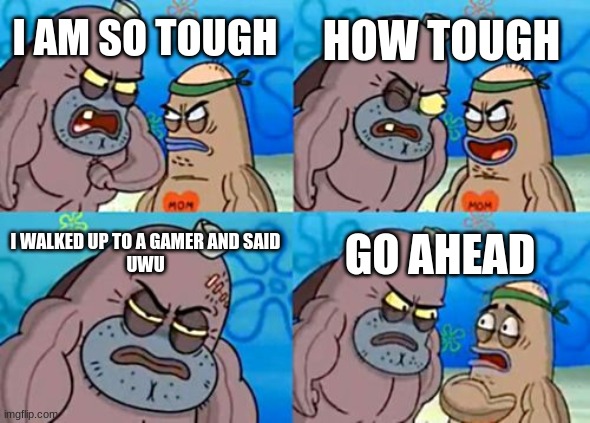 How Tough Are You | HOW TOUGH; I AM SO TOUGH; I WALKED UP TO A GAMER AND SAID
UWU; GO AHEAD | image tagged in memes,how tough are you | made w/ Imgflip meme maker
