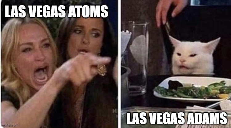 Confused Cat, screaming lady | LAS VEGAS ATOMS; LAS VEGAS ADAMS | image tagged in confused cat screaming lady | made w/ Imgflip meme maker