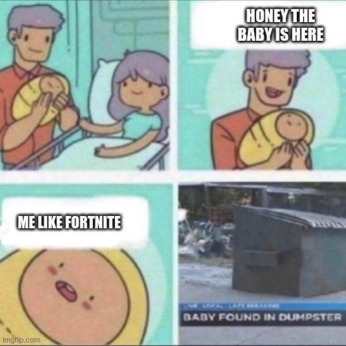 Baby Found in Dumpster | HONEY THE BABY IS HERE; ME LIKE FORTNITE | image tagged in baby found in dumpster | made w/ Imgflip meme maker