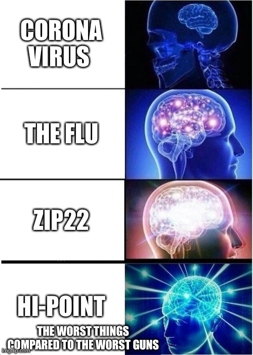 Expanding Brain | CORONA VIRUS; THE FLU; ZIP22; HI-POINT; THE WORST THINGS COMPARED TO THE WORST GUNS | image tagged in memes,expanding brain | made w/ Imgflip meme maker
